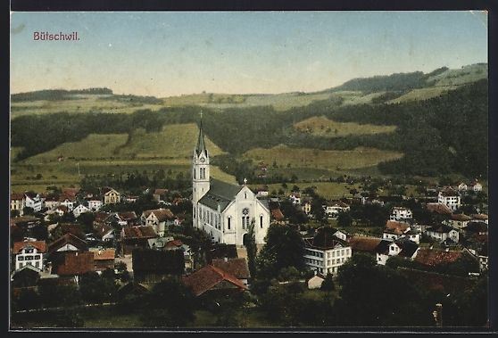 Cartoline postali: AK Bütschwil, Teilansicht mit Kirche – Usato da Berlin venduto da bartko-reher
