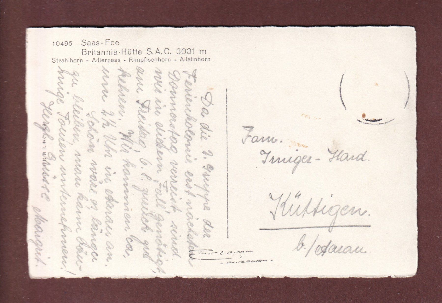 Cartoline postali: Saas-Fee - BRITANNIA-HÜTTE – Usato da Pully venduto da nicecards-shop 1