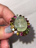 Fine Art Prehnite & Tourmalines Crown SS925 14k Gold Ring