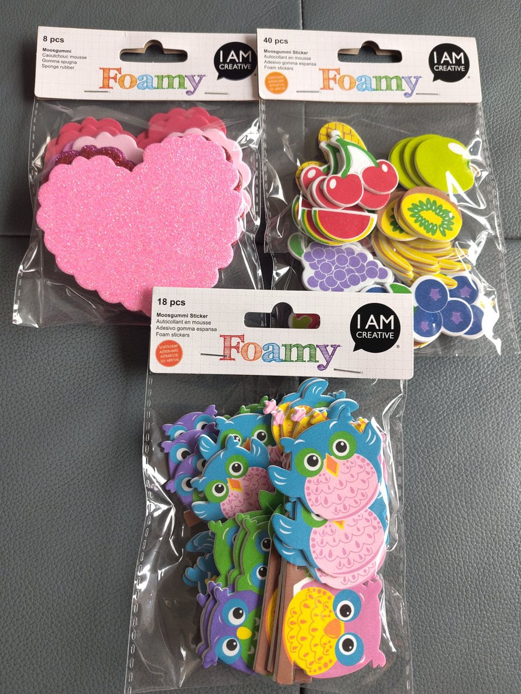 Sticker: 3 Pack Moosgummi Sticker Eule Herz Früchte neu – Nuovo e nell'imballaggio originale da Leuggern venduto da Pummi19