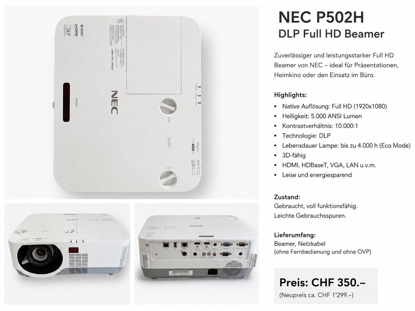 Nec Proiettori: NEC P502H DLP Full HD Beamer – Usato da Kriens venduto da Smk97