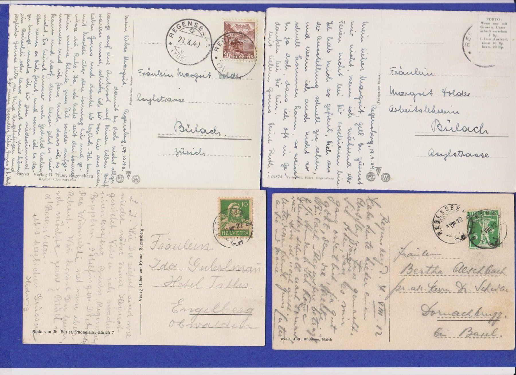 Cartoline postali: Regensberg ZH  -  4 alte Ansichtskarten ab 1912 – Usato da Vitznau venduto da Ropaku 1