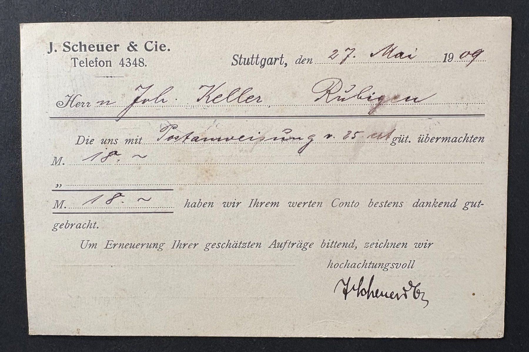 Tutti i francobolli: POSTKARTE J.SCHEUER & CIE. STUTTGART 1910 – Usato da Ostermundigen venduto da Wyatt-Earp 1