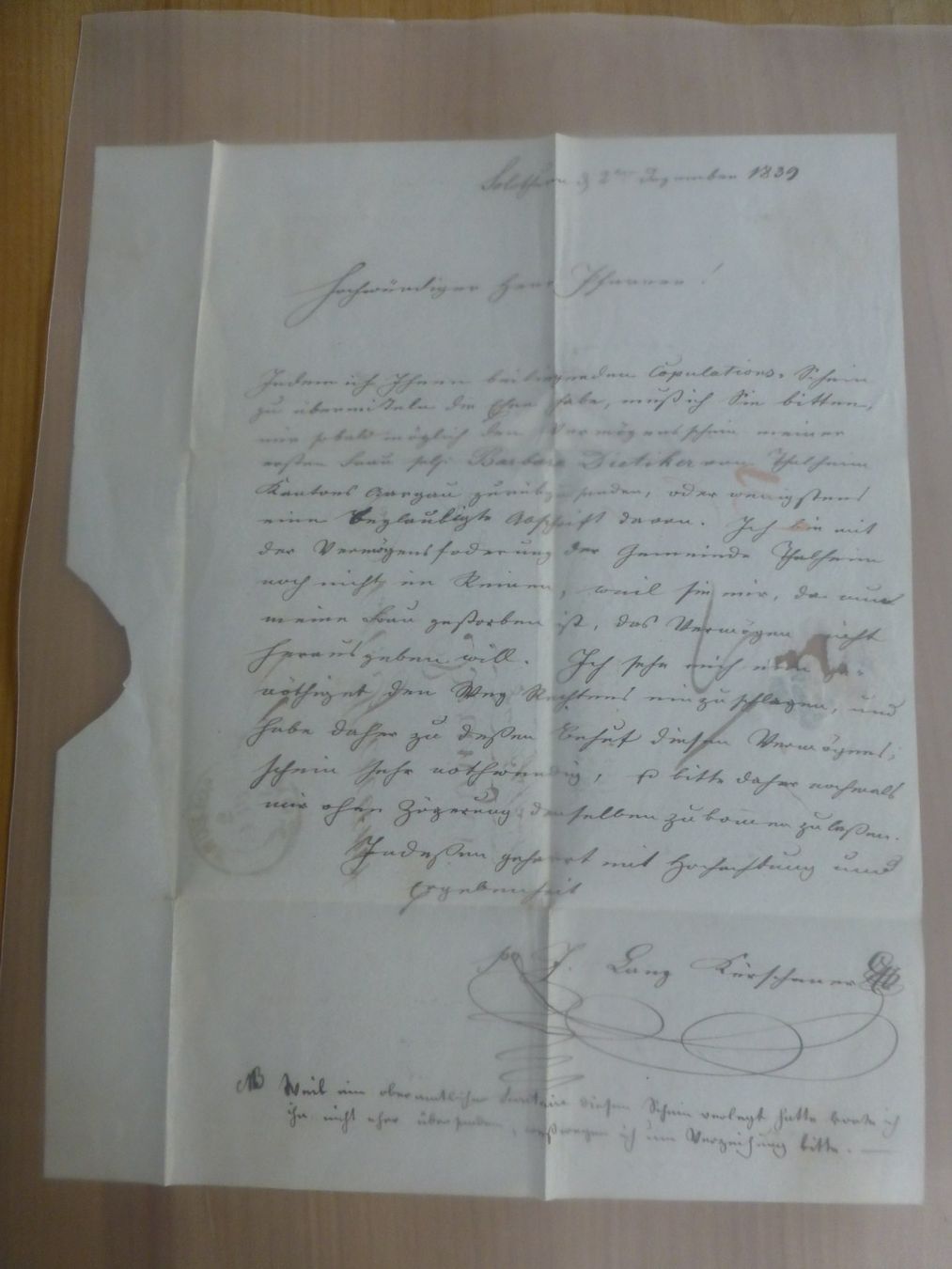 Dokumente: Solothurn- Schaffhausen- nach Beringen 2.Dezember 1839 – Gebraucht aus Bettlach von 1saurer 2
