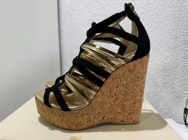 Jimmy Choo Wedge Keil Heels Sandalen Schwarz Gold Leder 37,5