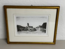 Lithographie Schänis um 1980 Paul Wyss 42/95 Gold gerahmt