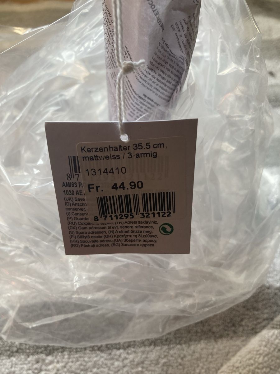 Portacandele: Weisser Kerzenständer 3-armig, 35.5cm - Neu – Nuovo e nell'imballaggio originale da Aarwangen venduto da to-hirschi 3