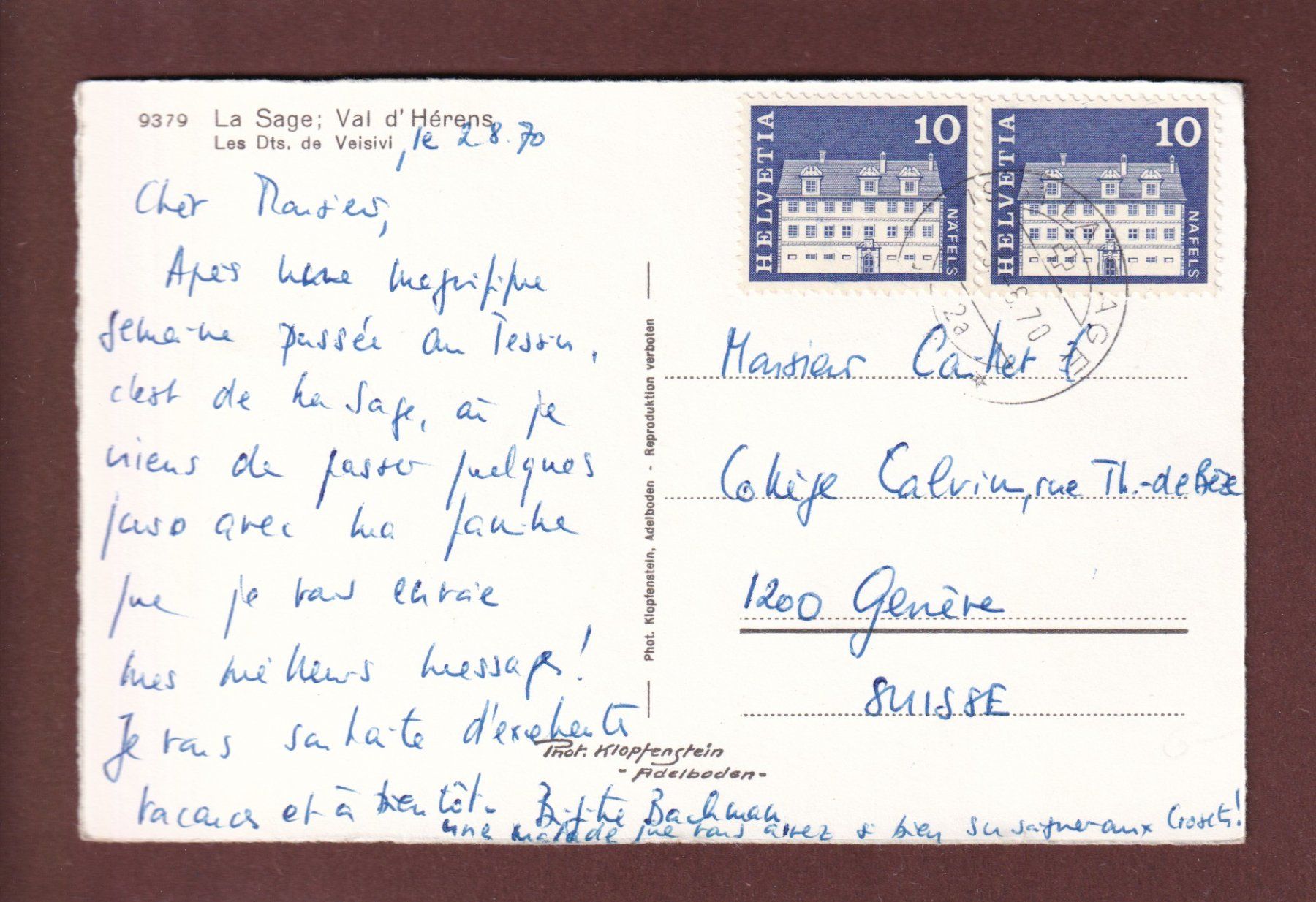 Cartoline postali: Val d'Hérens - LA SAGE - 1970 – Usato da Pully venduto da nicecards 1