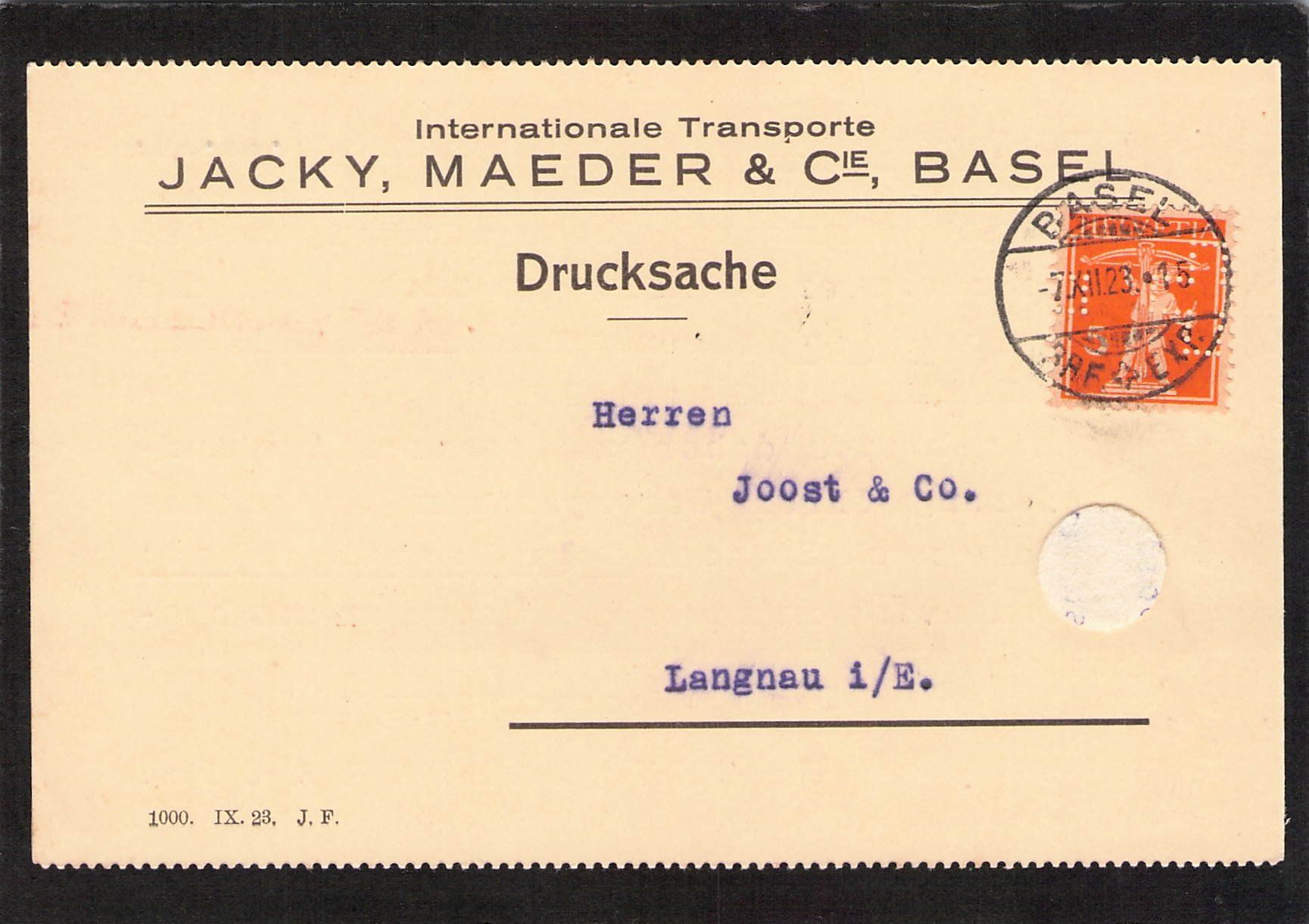 Alle Briefmarken: Perfin: Jacky , Maeder&Cie , Basel , 7.Xll.1923 – Gebraucht aus Reichenburg von Pipo-67