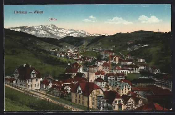 Cartoline postali: AK Herisau, Ortsansicht mit Säntis – Usato da Berlin venduto da bartko-reher