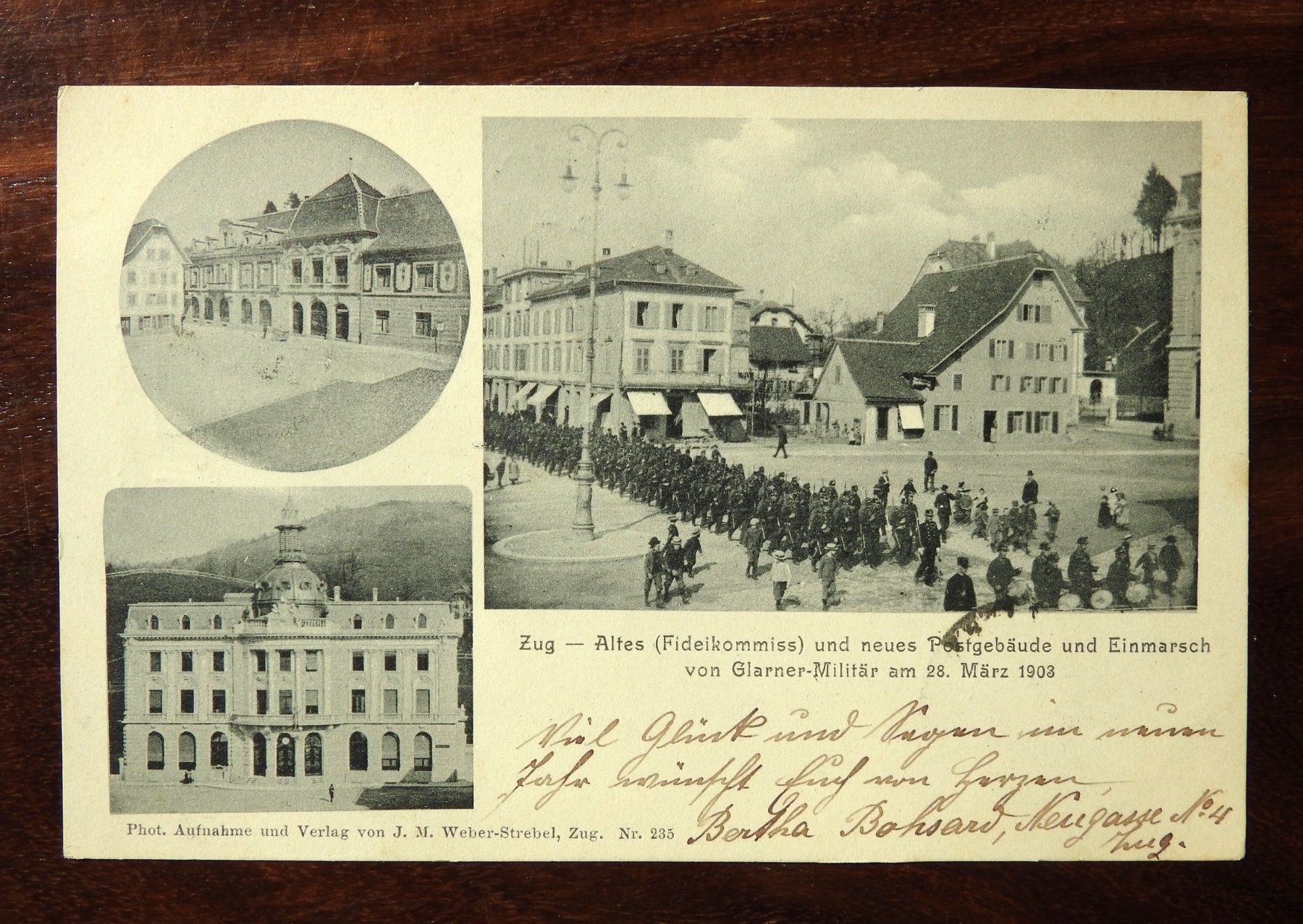 Cartoline postali: ZUG Postgebäude u. Einmarsch  von Glarner-Militär! – Usato da Rain venduto da 999-800-K