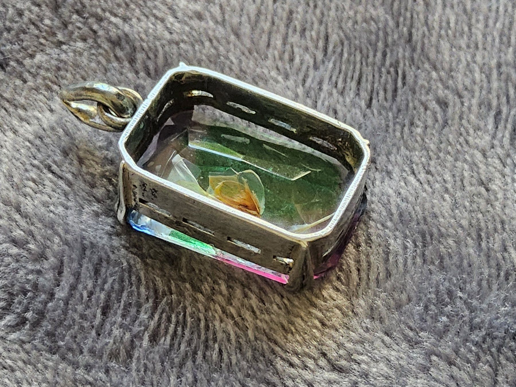 Anhänger: Antiker Irisglas, Rheinkiesel Anhänger, versilbert, ca 1940 – Gebraucht aus Zürich von SciTec 7