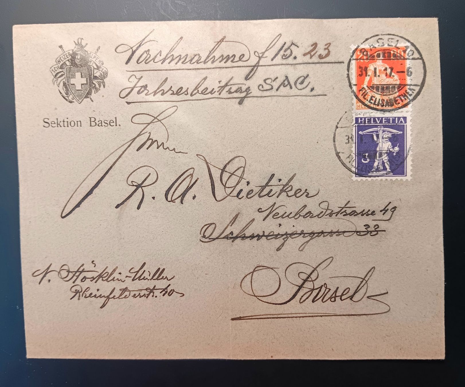 Tutti i francobolli: Nachnahme Ortsbrief Basel 1917 – Usato da Holderbank AG venduto da DINOS-PHILA
