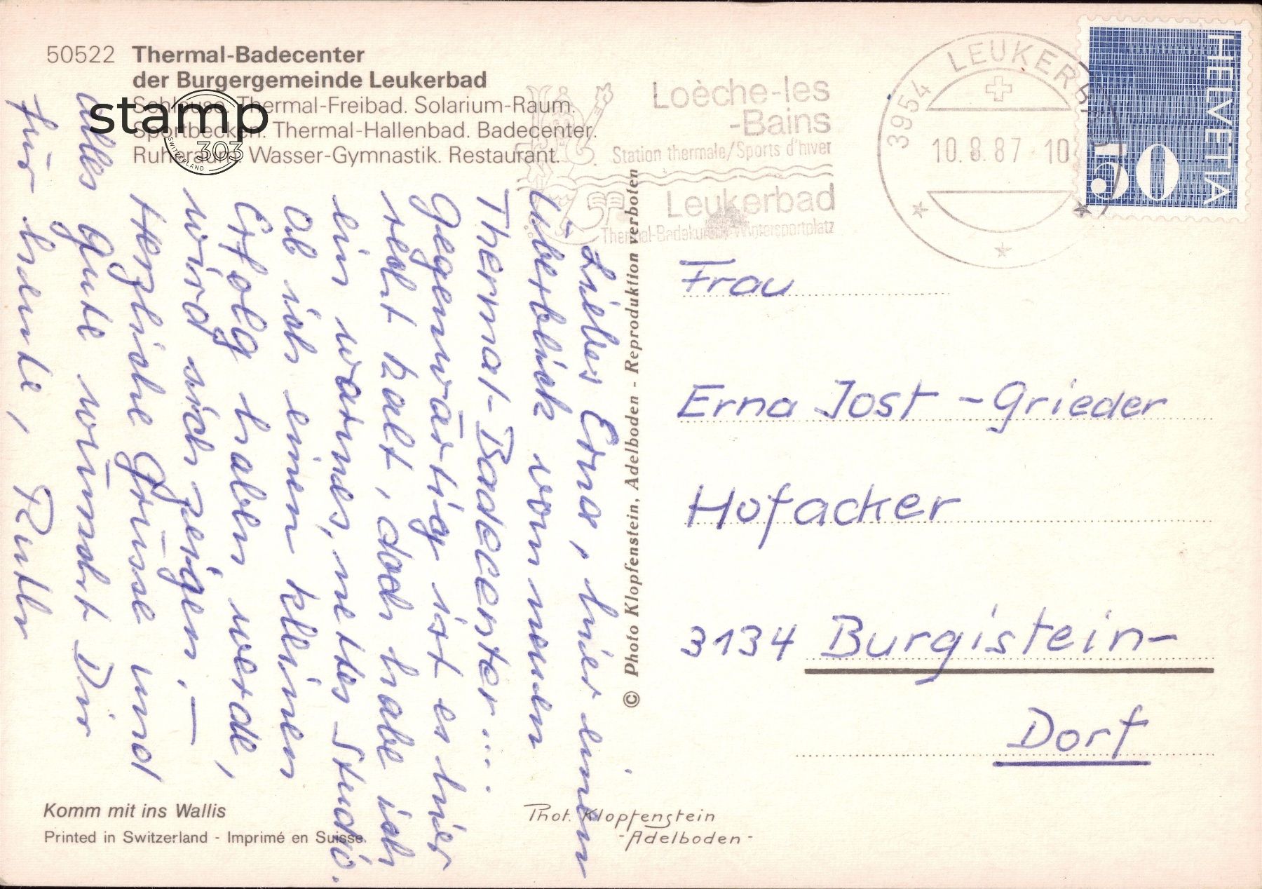 Cartoline postali: 1987 AK Leukerbad _ Badecenter der Burgergemeinde – Usato da Eggersriet venduto da stamp303 1