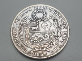 🇵🇪 Peru 1 Sol (9 decimos) 1869 - Rare. Silver.