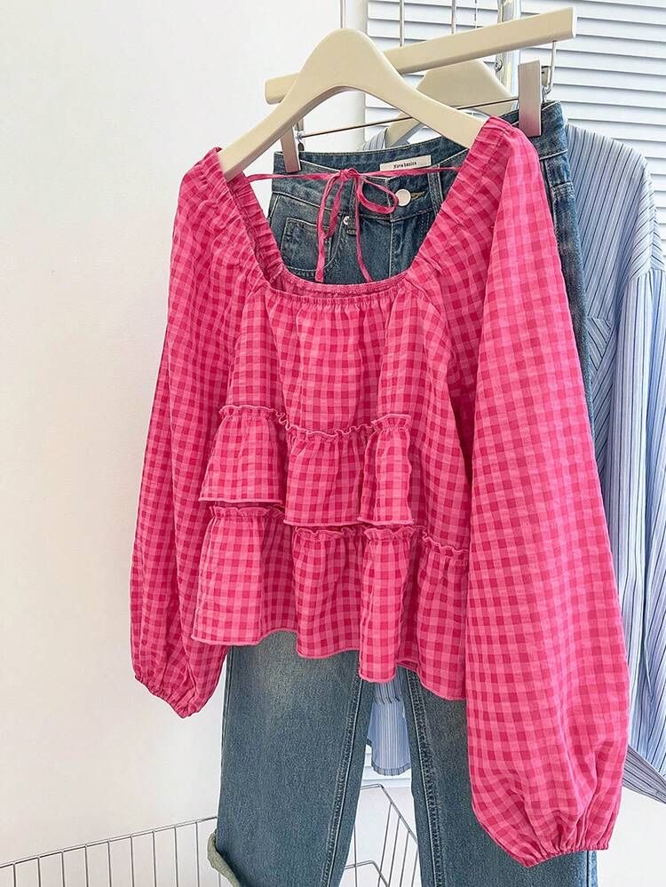 Camicette: Pink Plaid Ruffle Blouse Size S New Cottagecore – Nuovo e nell'imballaggio originale da Effretikon venduto da rus_2l2p