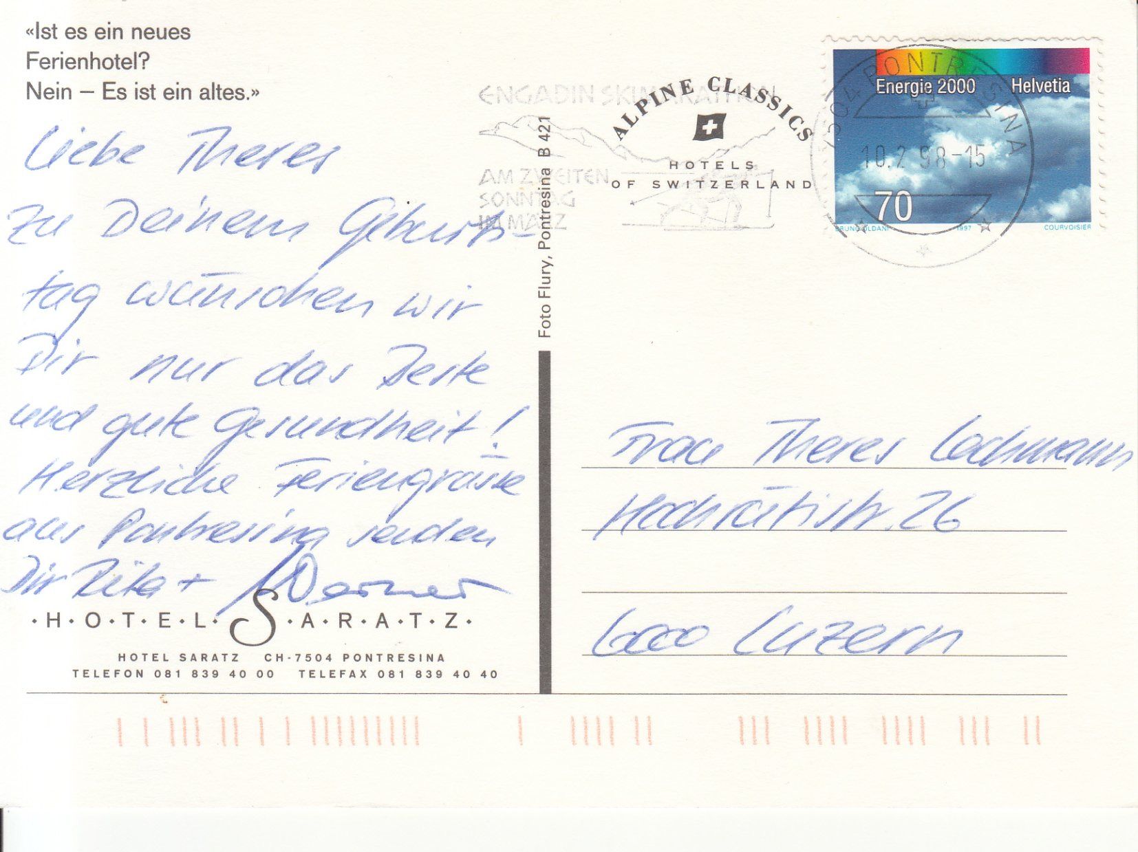 Cartoline postali: Pontresina Saratz 1998 – Usato da Bürglen TG venduto da StampGraf 1