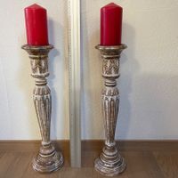 2x Holz Kerzenständer Set Vintage Shabby Chic + rote Kerzen