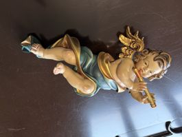 Engel Figur, Holz, mit Flöte, Wanddeko,