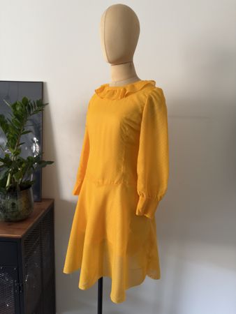 Vintage Kleid Gelb Punkte Rüschen Midi, Gr. M