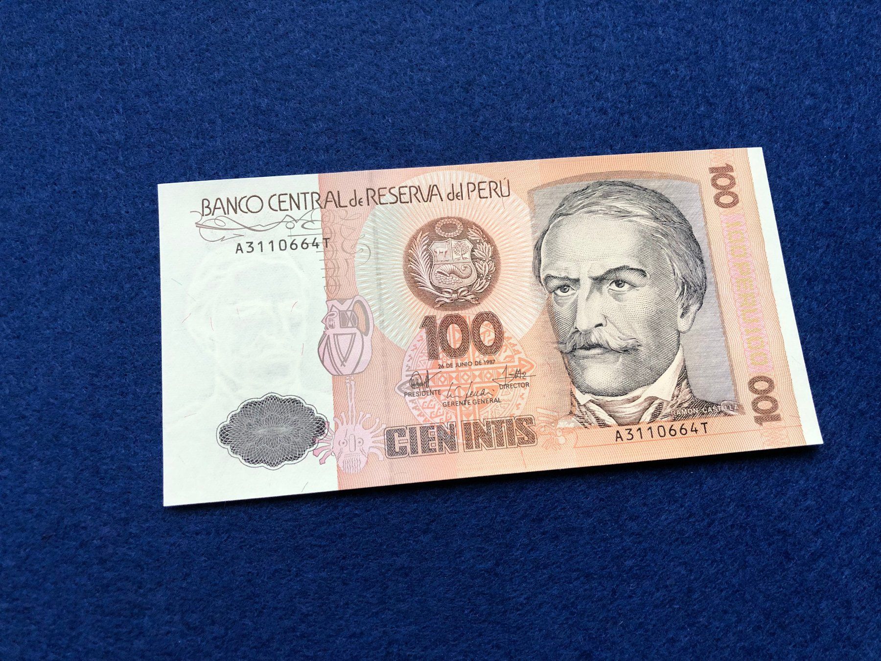 Banconote: Peru 1987 - 100 Intis UNC - Weberin – Nuovo e nell'imballaggio originale da Pfäffikon SZ venduto da Sieben77 3