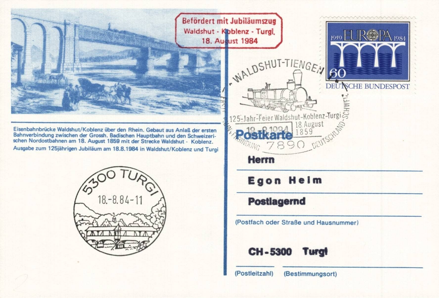 Cartoline postali: Waldshut-Tiengen 2 Postkarten Jubiläumszug 18. August 1984 – Usato da Luzern venduto da Kartenansicht