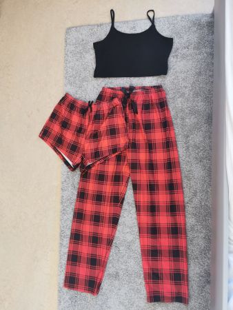 Pyjama Set Karo Rot/Schwarz, Damen Top Grösse M