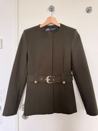 Zara Military Style Blazer with Belt Size XS Khaki Olive
