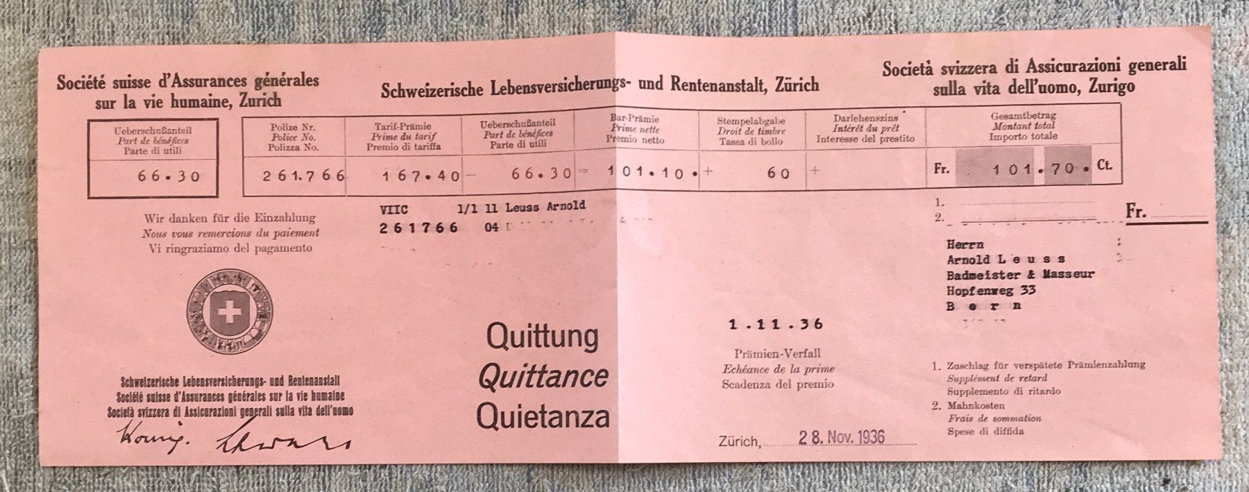 Documenti: HISTORISCHES DOKUMENT RENTENANSTALT 1936 – Usato da Ostermundigen venduto da wini63 1