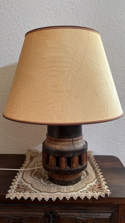 LAMPE STYLE SHABBY Chic de Table Abat-Jour en Tissu Base Bois Travaillé