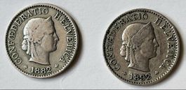 5 Rp. CH- Münze, 1 x 1882, 1 x 1892  , Cu/ Ni 