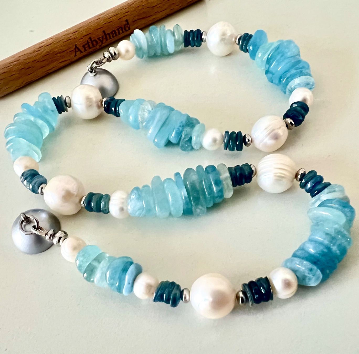 Ketten: Prunkstück: Aquamarin / Saphir Collier mit Barockperlen – Gebraucht aus Ruswil von artbyhand 4