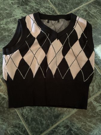 Gilet sans manches losanges noir et rose taille S 36