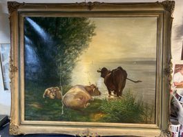 Ölgemälde Kühe am See, signiert Frönlich 1952, mit Rahmen!