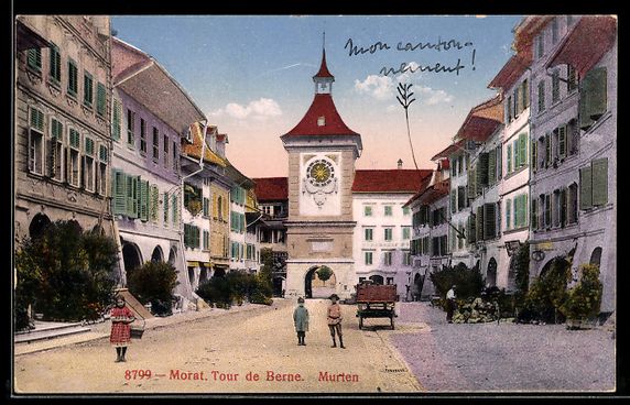 Cartoline postali: AK Morat, Straßenpartie mit Tor – Usato da Berlin venduto da bartko-reher