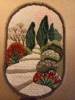 Wandbild gestickt Landschaftsmotiv Sommer oval gebraucht