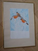 Dompfaffen im Winter Lithografie handkoloriert 1986 v. unbek