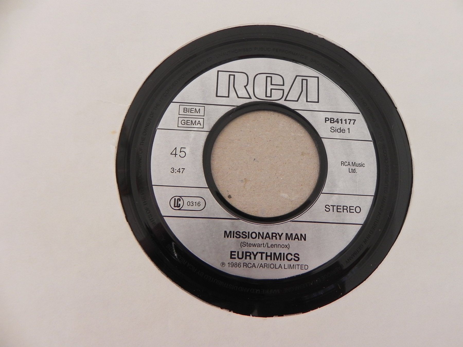 Dischi in vinile: Single brit. Pop Duo Eurythmics 1987 Missionary Man – Usato da Siebnen venduto da krimsie 2