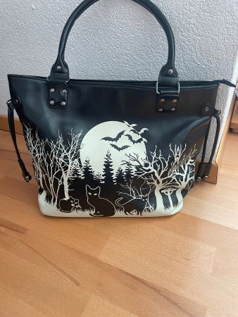 Grosse Schwarze Handtasche im Gothic-Stil mit Katzen Banned