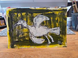 Peter Ammon, Acryl auf Buchseite, Vogel, Art Brut 2022