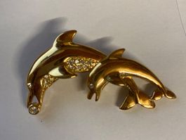Broche dauphins - dorés - strass