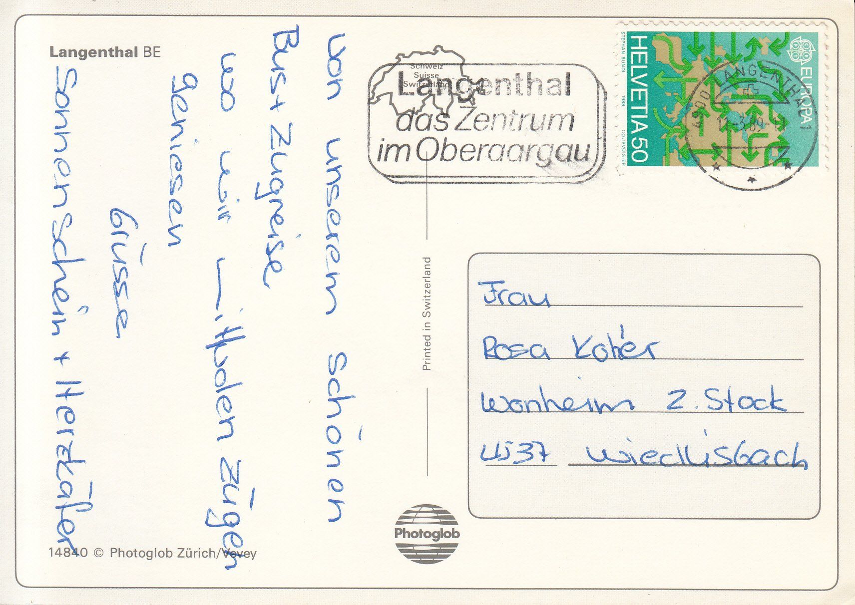 Cartoline postali: Langenthal 1989 – Usato da Bürglen TG venduto da StampGraf 1
