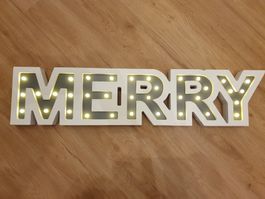 LED Holzschriftzug MERRY warmweiss mit Batterien & Timer