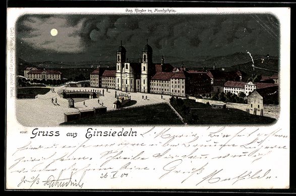 Cartoline postali: Litho Einsiedeln, Kloster im Vollmondlic – Usato da Berlin venduto da bartko-reher