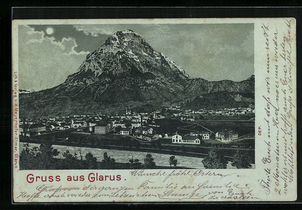 Ansichtskarten: Mondschein-Lithographie Glarus, Teilansi – Gebraucht aus Berlin von bartko-reher