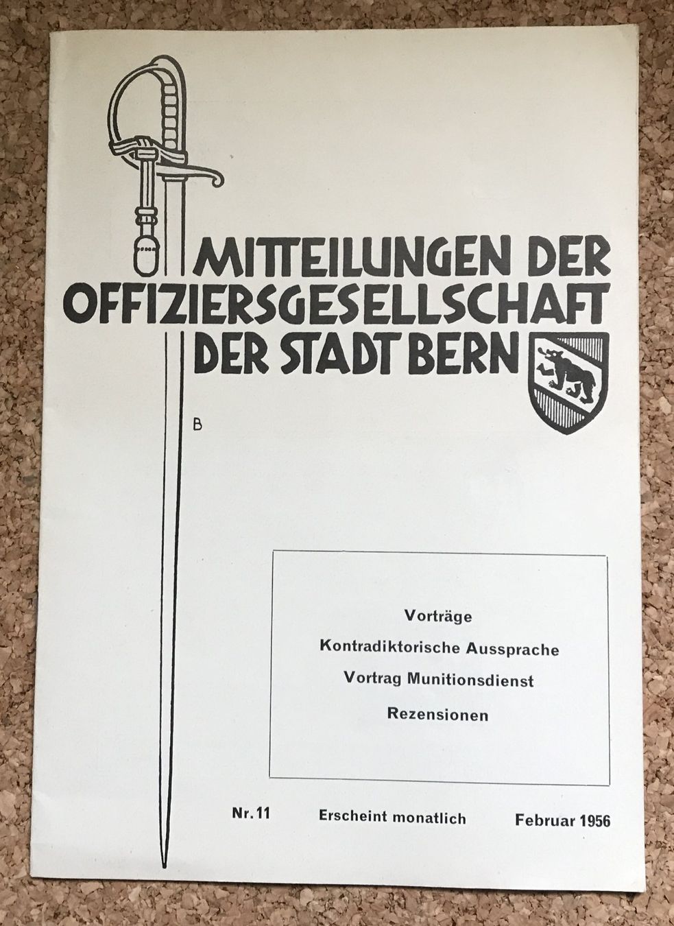 Schweizer Armee Armi bianche: SCHWEIZER ARMEE MITTEILUNG DER OFF. GESELLSCHAFT BERN 1956 – Usato da Ostermundigen venduto da wini63