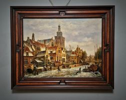 Antikes Winter-Stadtbild mit Eisläufern, signiert, gerahmt