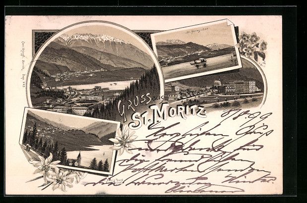 Cartoline postali: Litho St. Moritz, Dorfansicht u. Evgl. K – Usato da Berlin venduto da bartko-reher