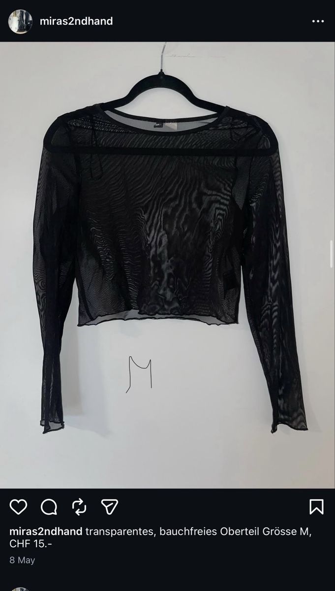Top: Black Mesh Long Sleeve Top - Size M - See Through! – Usato da Chur venduto da aar_9sh7