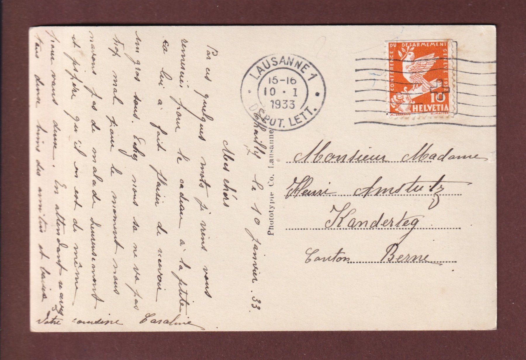 Cartes postales: LAUSANNE - Chailly - Le Temple - 1933 – D'occasion à Pully par nicecards 1